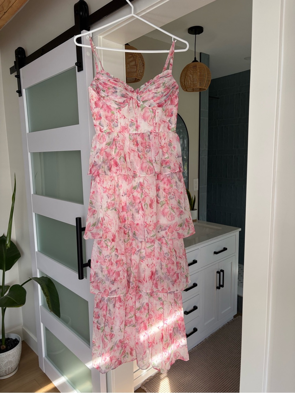 Azazie Pink Floral Tiered Dress with Spaghetti Straps